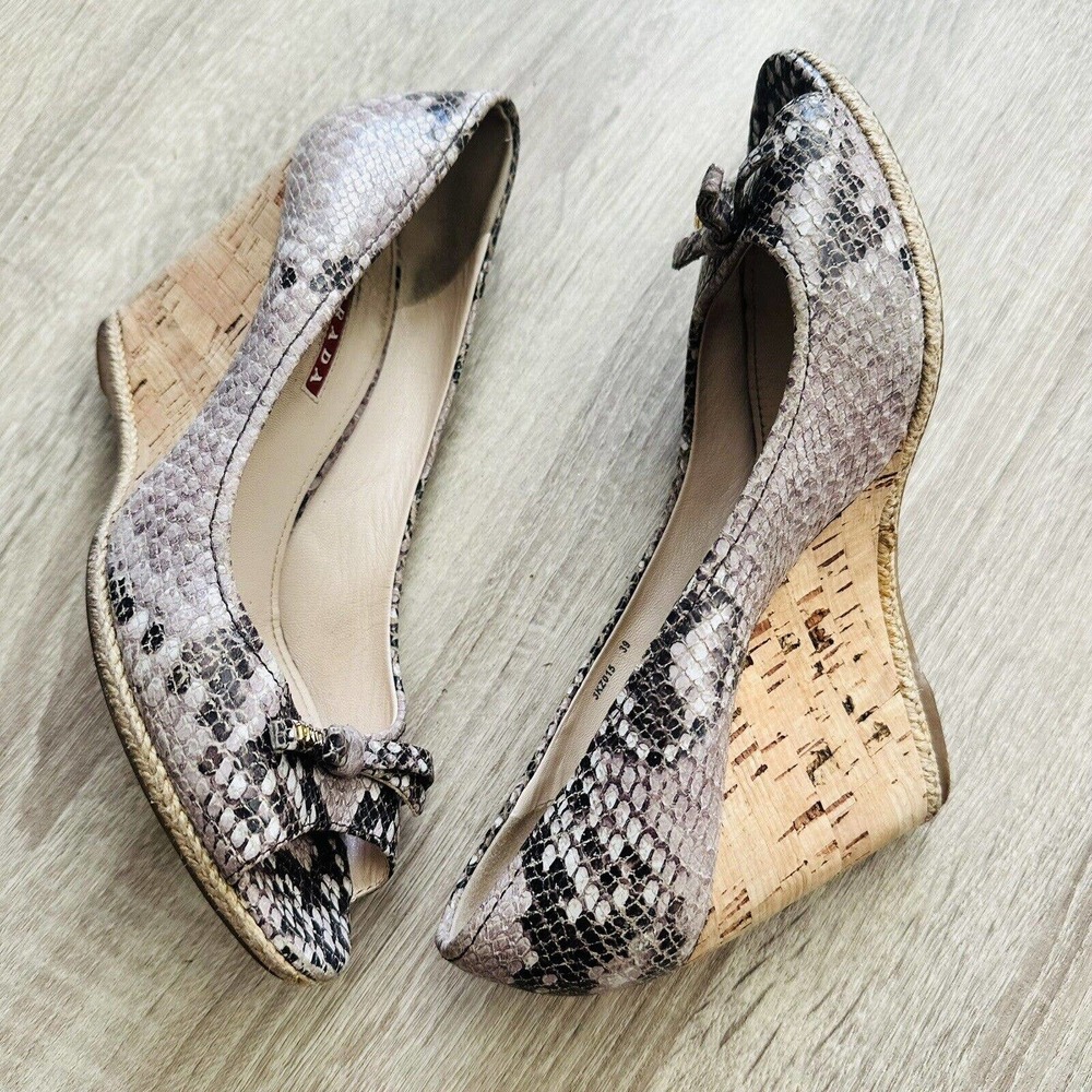 Prada Python Open Toe Cork Wedges - image 3
